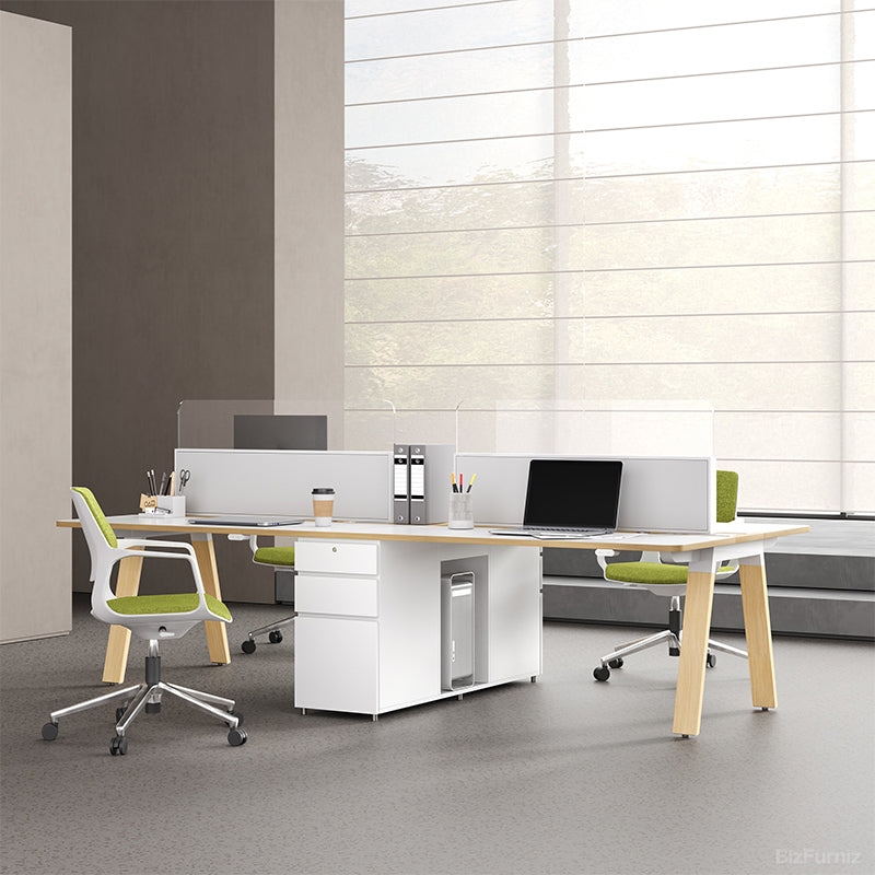120" L 4-person Modular Office Desk with Integrated Storage and White Privacy Screens