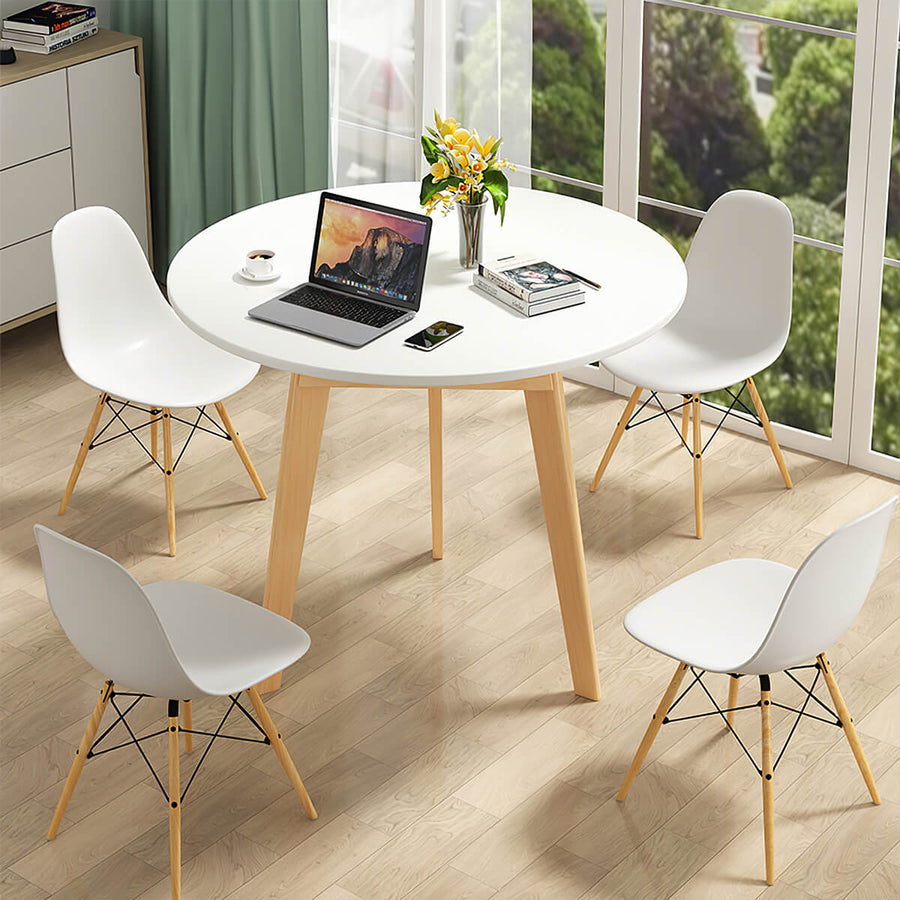 Round coffee table front view with solid wood frame