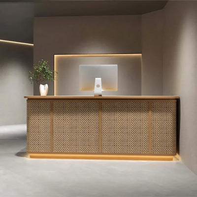 Rattan Reception Desk 47–118 in Wide, Open Shelf