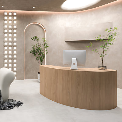 Wood-Grain Curved Reception Desk 59–110 in Wide