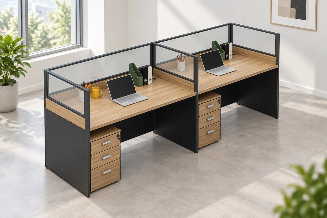 Illustrative render of a wood-finish mobile pedestal beside a panel workstation