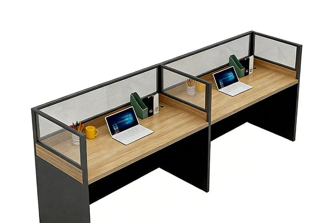 Illustrative render of a two-person oak and black benching workstation in a bright office