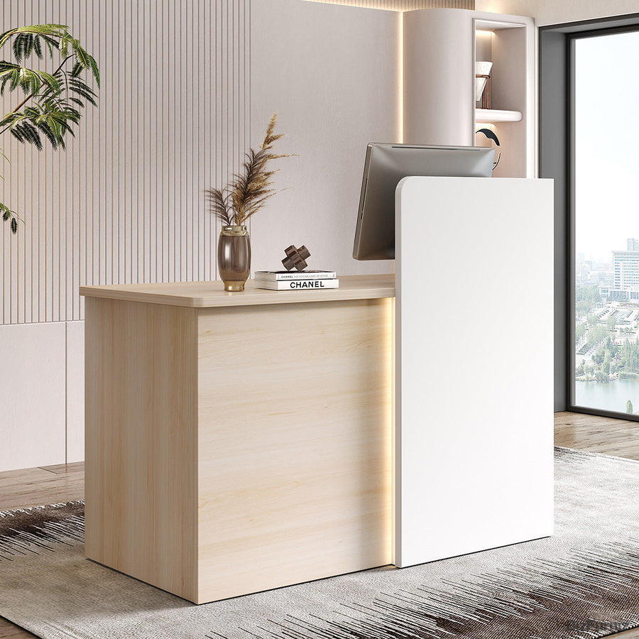 47-inch small reception desk in light wood and white with a privacy panel and LED strips