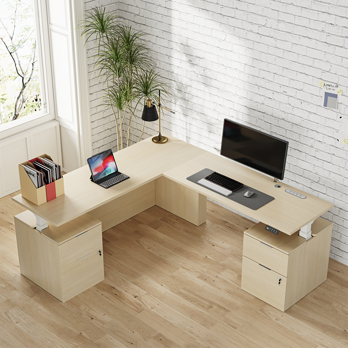Sit-Stand L-Shaped Executive Desk 80 in Wide