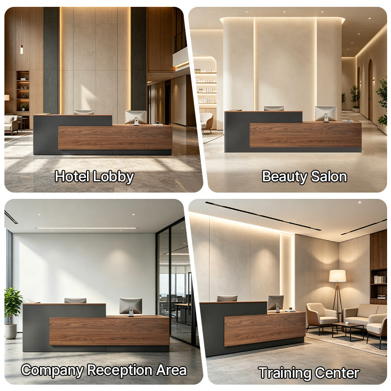 Collage of reception desks in different settings labeled 'Hotel Lobby', 'Beauty Salon', 'Company Reception Area', and 'Training Center'.