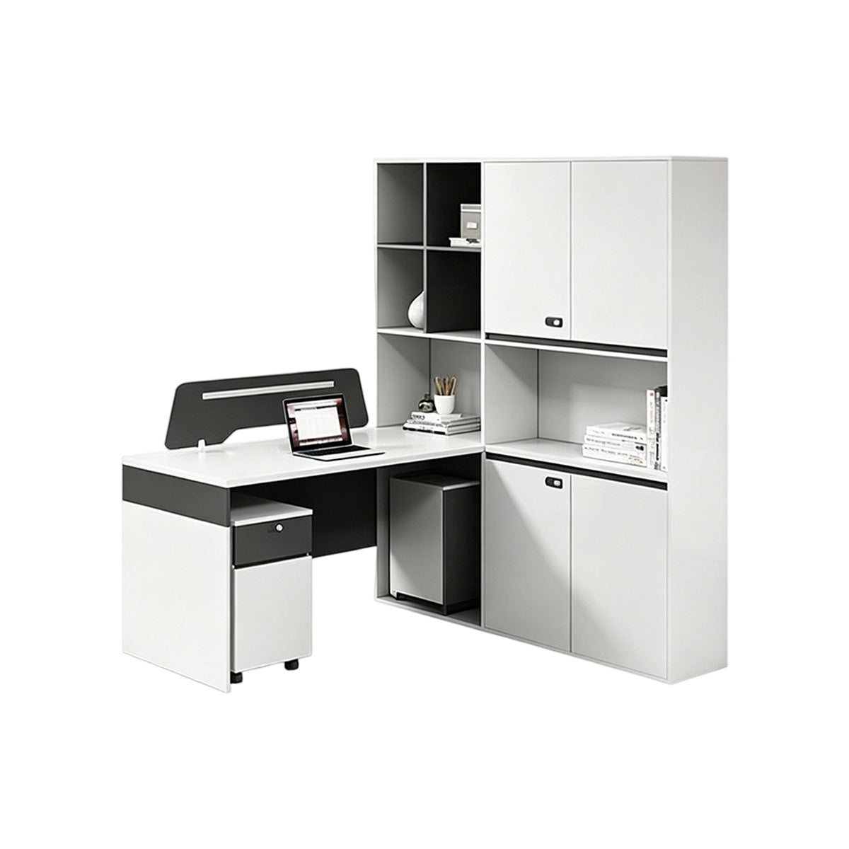 Anzhap office desk with generous file cabinet, power and cable detail