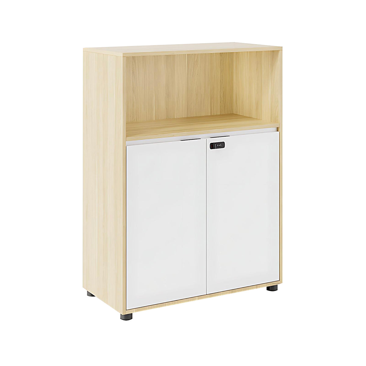 Storage Cabinet, Wood Grain & White Half-Open Cabinet, Wood Grain & White finish, L31" x W16" x H43", for office storage space, office storage furniture