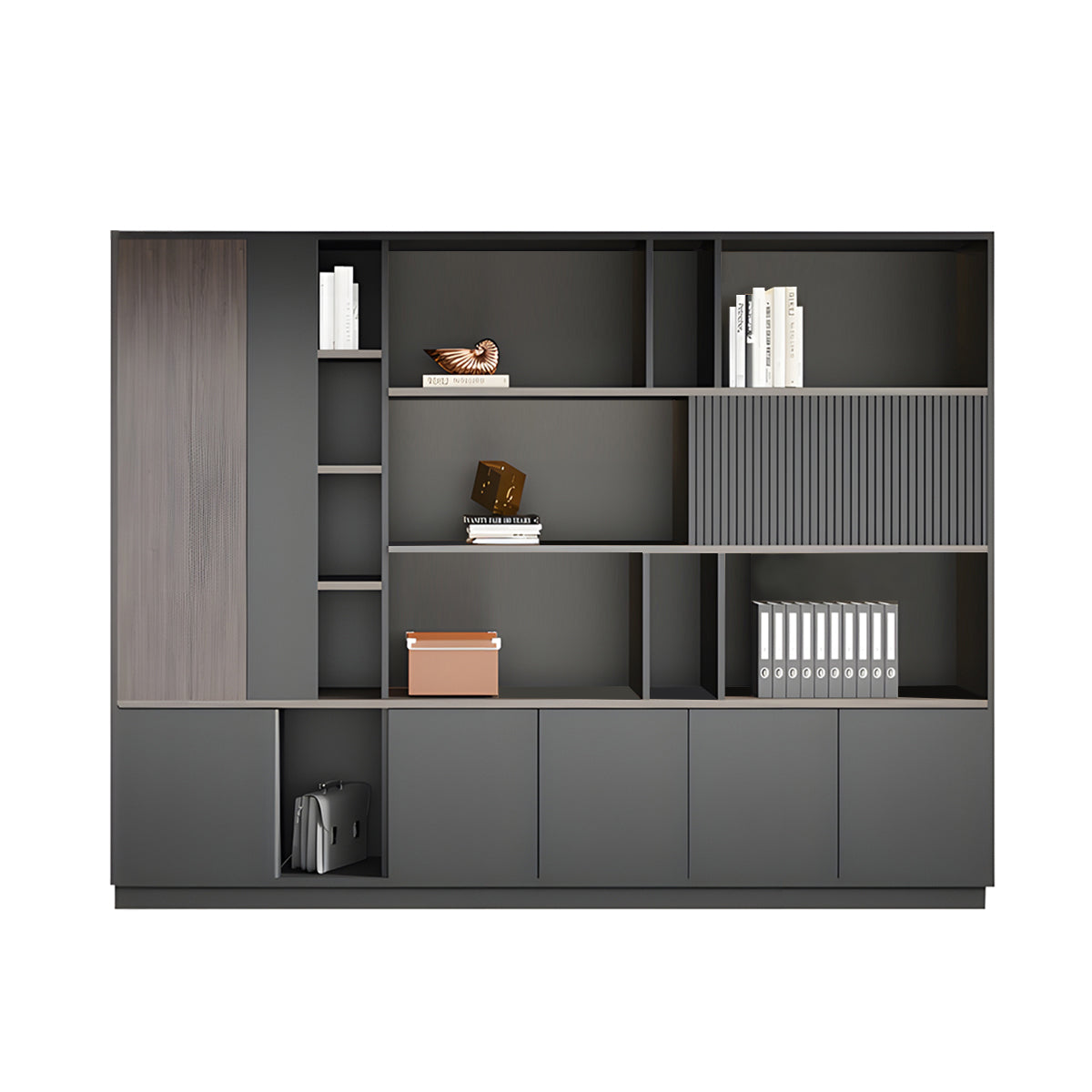 Storage Cabinet, Dark Wood-Toned Without LED Strip, Dark Wood-Toned finish, L94" x W16" x H79", for office storage space, office storage furniture