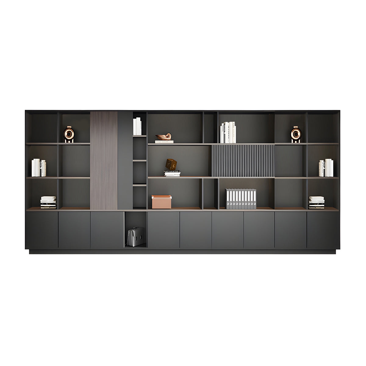 Storage Cabinet, Dark Wood-Toned Without LED Strip, Dark Wood-Toned finish, L157" x W16" x H79", for office storage space, office storage furniture