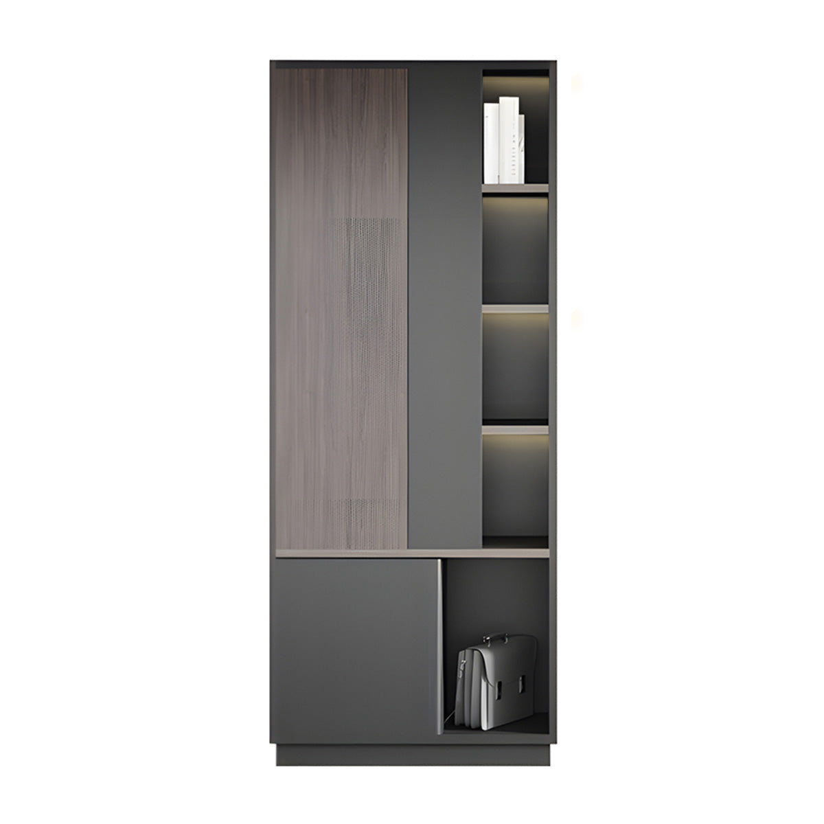 Storage Cabinet, Dark Wood-Toned With LED Strip, Dark Wood-Toned finish, L31" x W16" x H79", for office storage space, office storage furniture