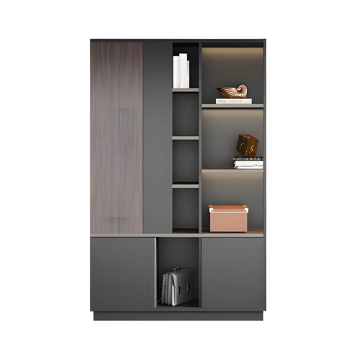 Storage Cabinet, Dark Wood-Toned With LED Strip, Dark Wood-Toned finish, L47" x W16" x H79", for office storage space, office storage furniture
