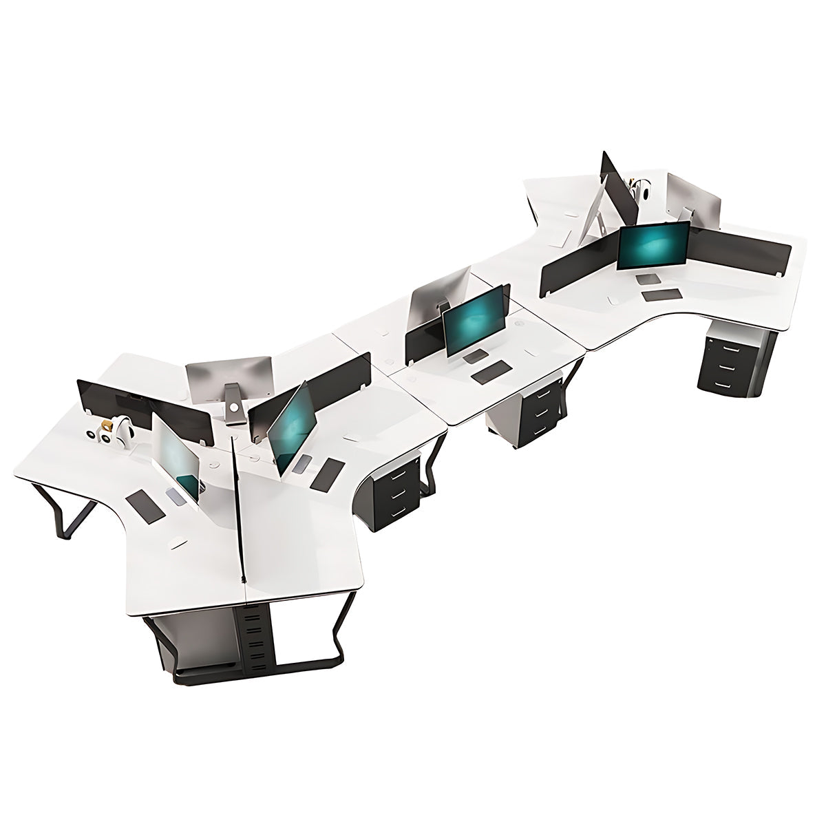 Office Workstation, Black + White + Black Legs 8-Seats + Cabinet, Black + White + Black Legs finish, L198" x W87" x H30", for office workspace,...