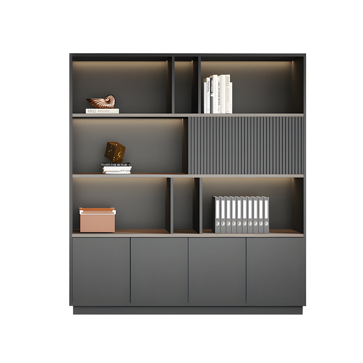Storage Cabinet, Dark Wood-Toned With LED Strip, Dark Wood-Toned finish, L63" x W16" x H79", for office storage space, office storage furniture
