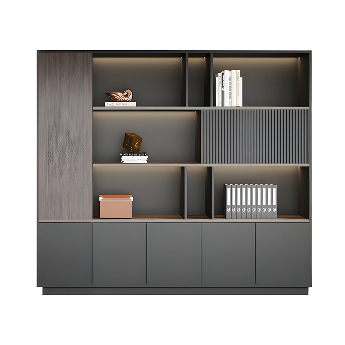 Storage Cabinet, Dark Wood-Toned With LED Strip, Dark Wood-Toned finish, L79" x W16" x H79", for office storage space, office storage furniture