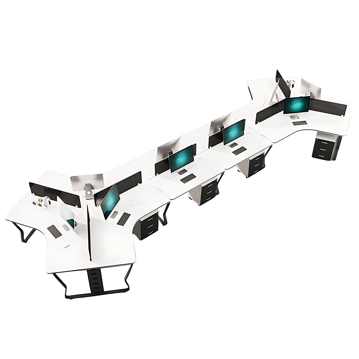 Office Workstation, Black + White + Black Legs 9-Seats + Cabinet, Black + White + Black Legs finish, L193" x W87" x H30", for office workspace,...