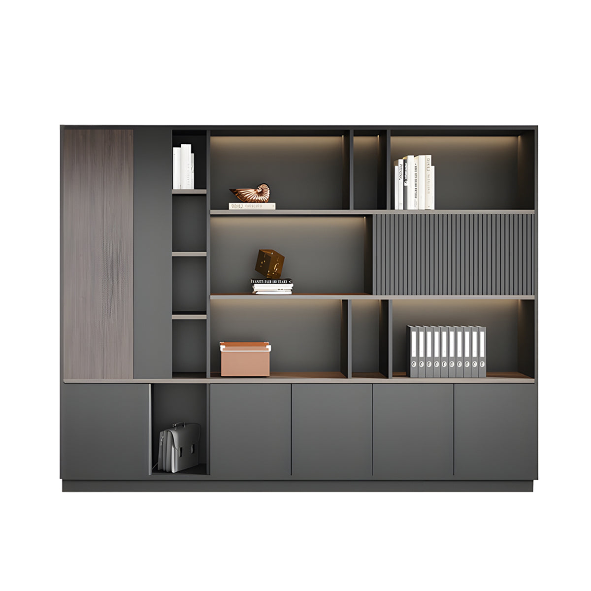 Storage Cabinet, Dark Wood-Toned With LED Strip, Dark Wood-Toned finish, L94" x W16" x H79", for office storage space, office storage furniture