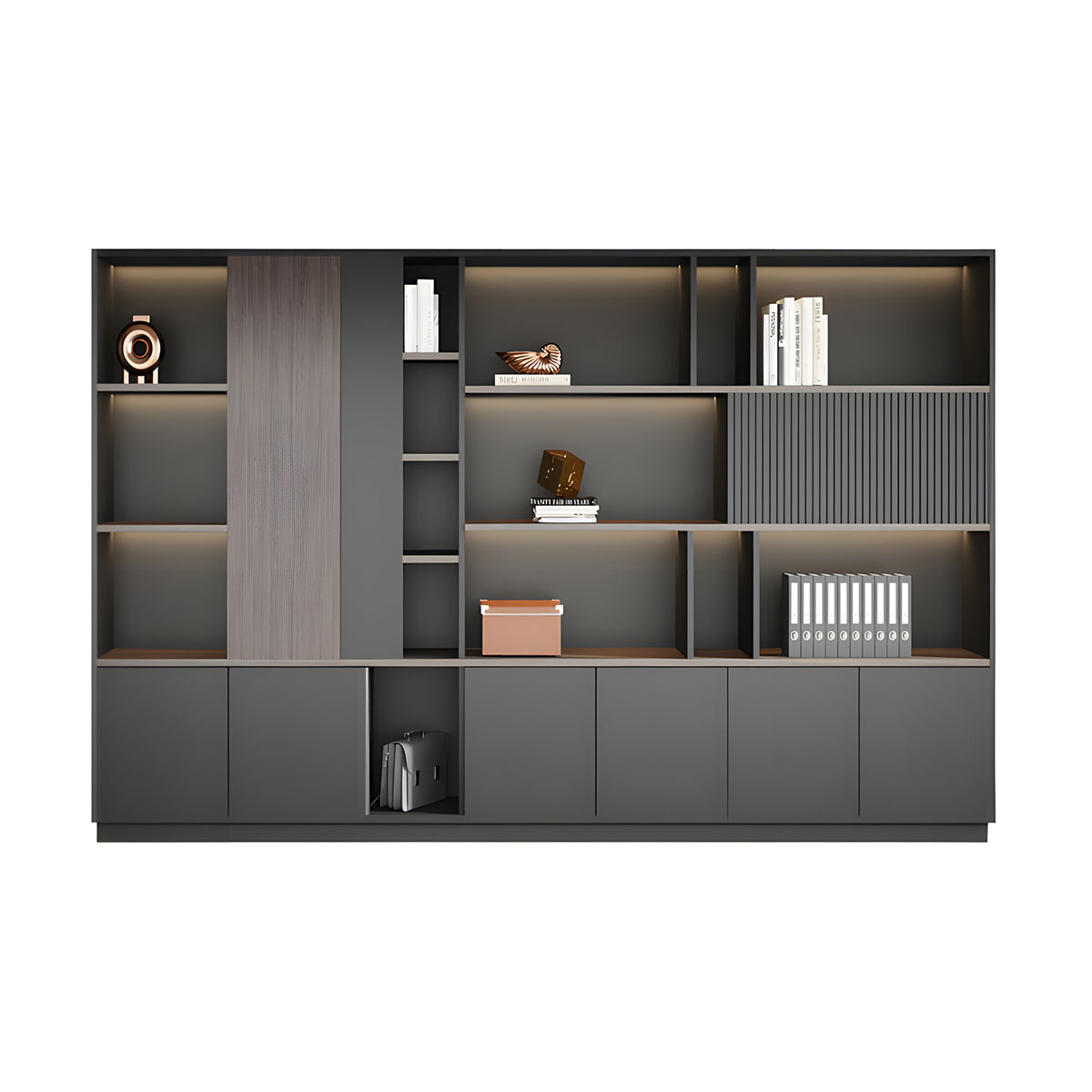 Storage Cabinet, Dark Wood-Toned With LED Strip, Dark Wood-Toned finish, L110" x W16" x H79", for office storage space, office storage furniture
