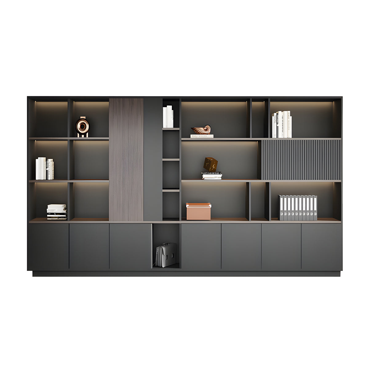 Storage Cabinet, Dark Wood-Toned With LED Strip, Dark Wood-Toned finish, L126" x W16" x H79", for office storage space, office storage furniture