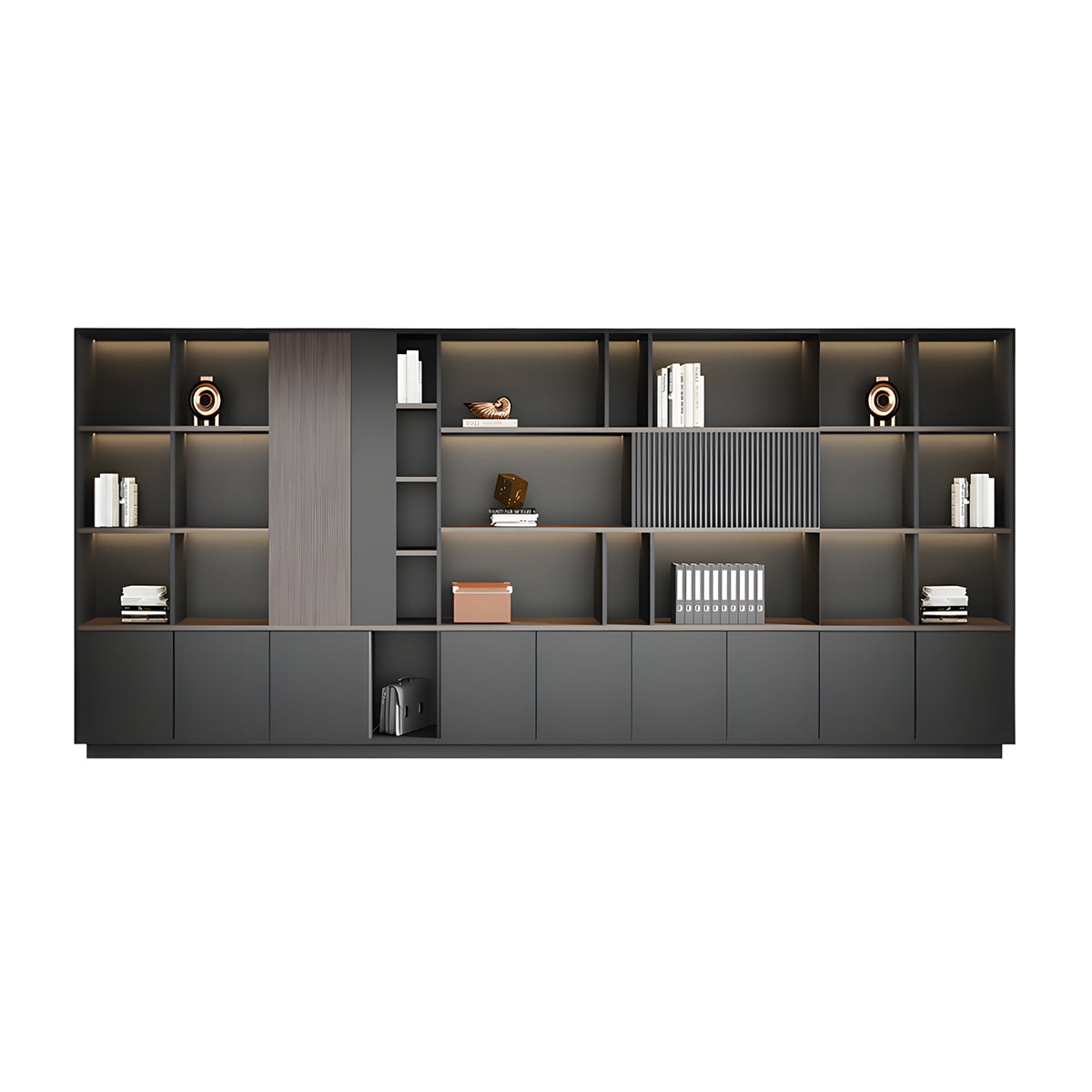 Storage Cabinet, Dark Wood-Toned With LED Strip, Dark Wood-Toned finish, L157" x W16" x H79", for office storage space, office storage furniture