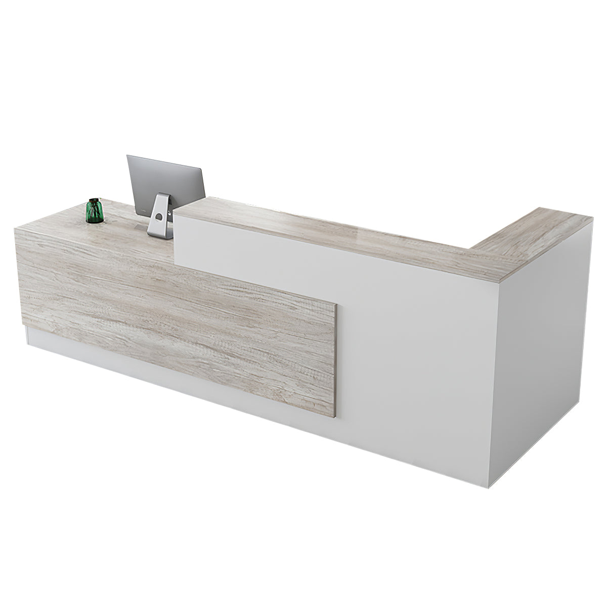 Reception Desk, Light Oak + White Higher Left Side, Light Oak + White finish, L63" x W39" x H41", for reception area or front office, commercial...