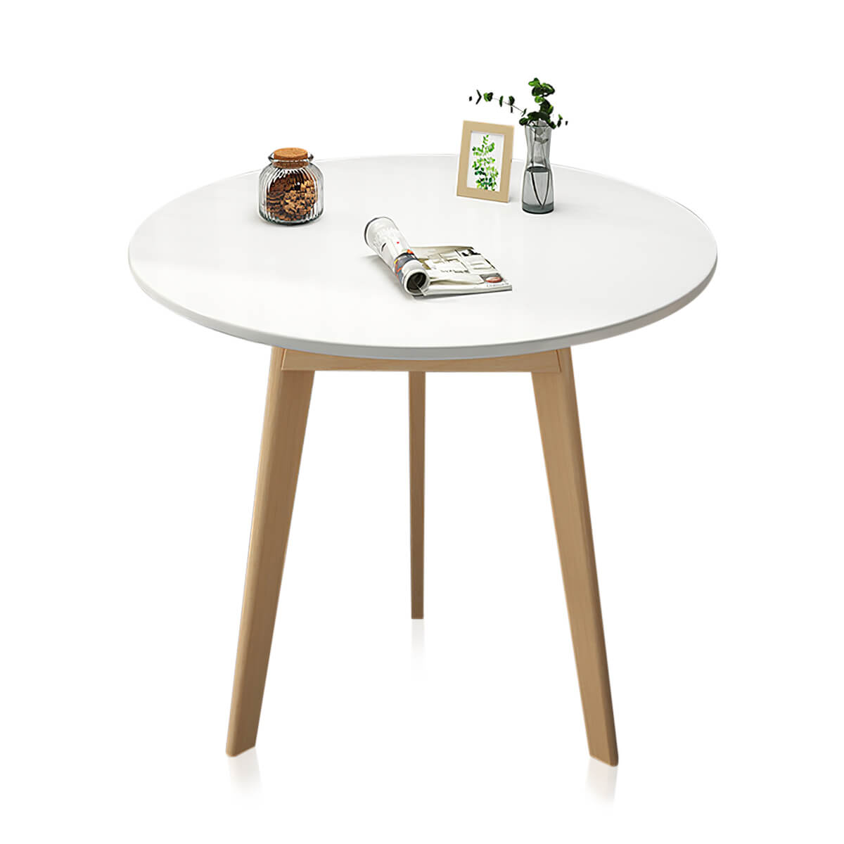 Round coffee table in white color option with solid wood frame