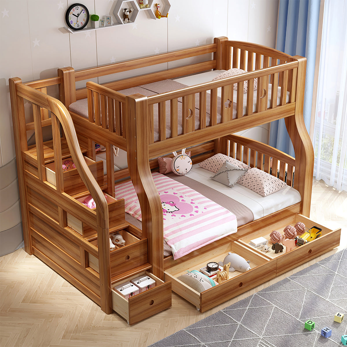 Walnut Bunk Bed 47–71 in Wide with Drawers