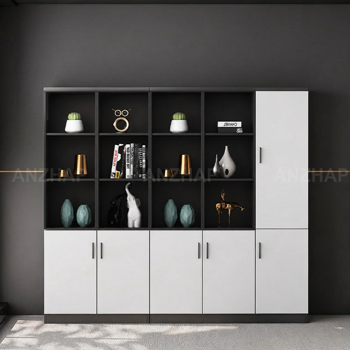Anzhap Office Storage Cabinet with Open Compartments, Enclosed Cabinets and Alloy Handles