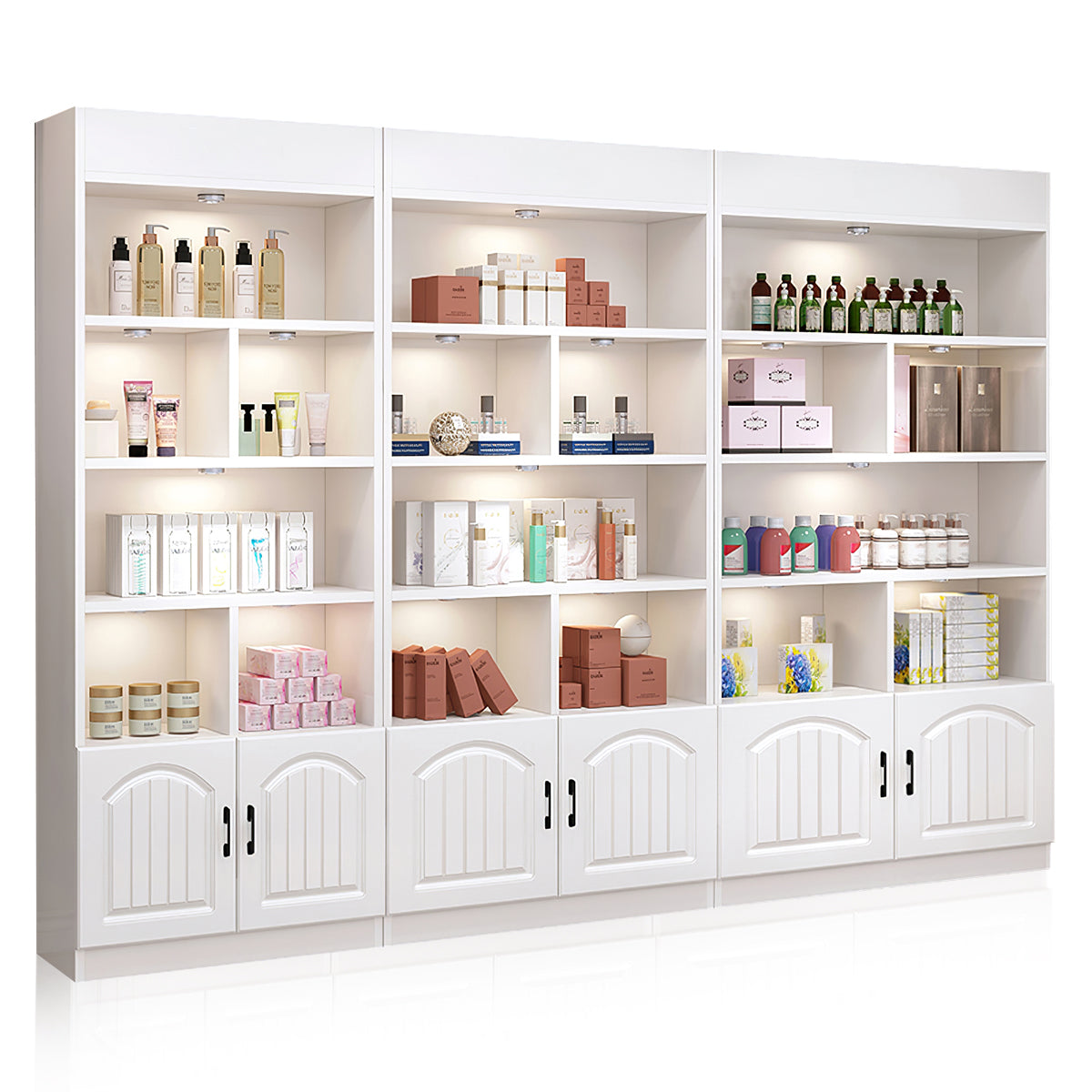 Salon Display Cabinet, Set Style D, Modern White Beauty Salon Display Cabinet With LED Lights finish, L94" x W9" x H79", for office storage space,...