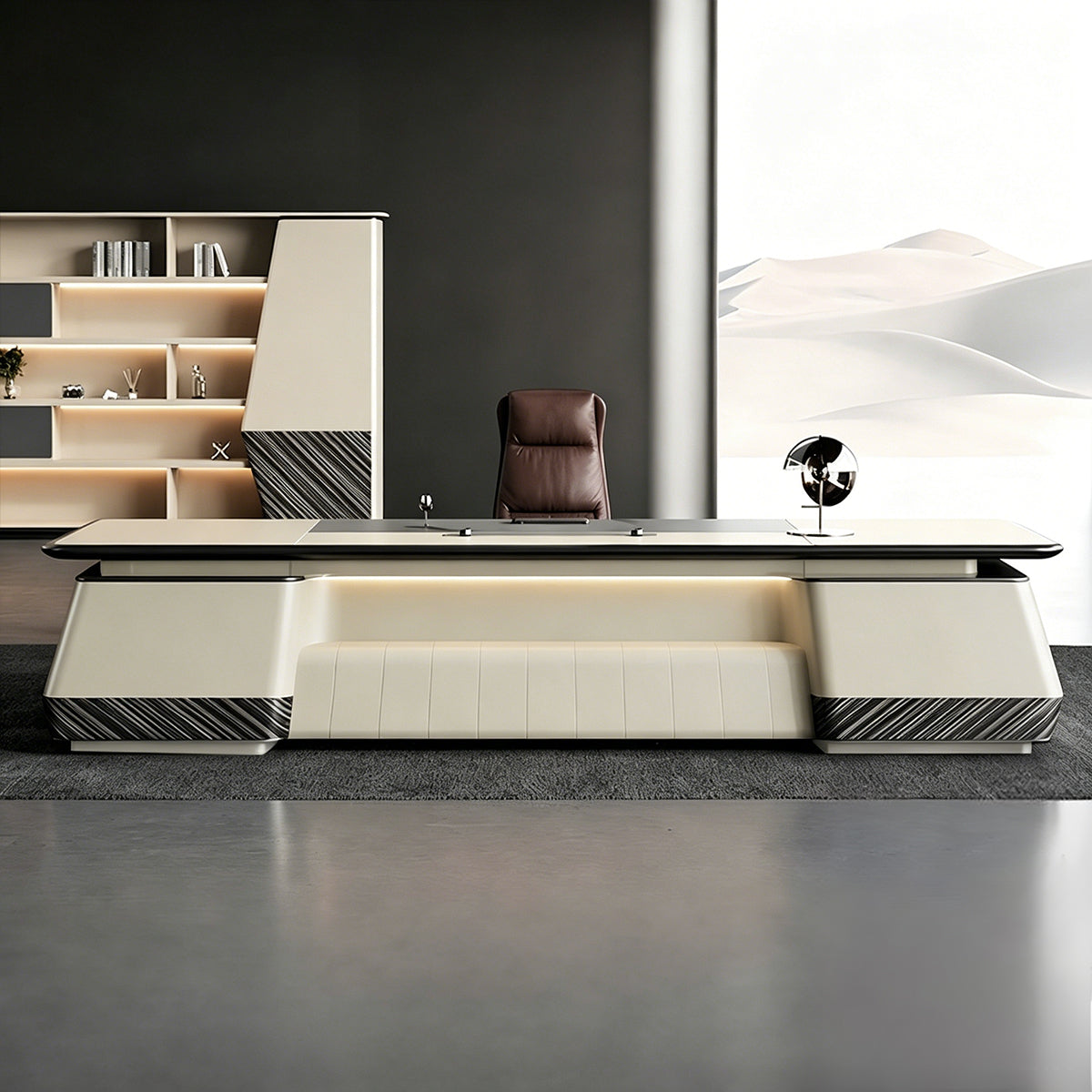 Modern Executive Desk with Dual-Tone, Side Storage & Fluted Front for Home Office