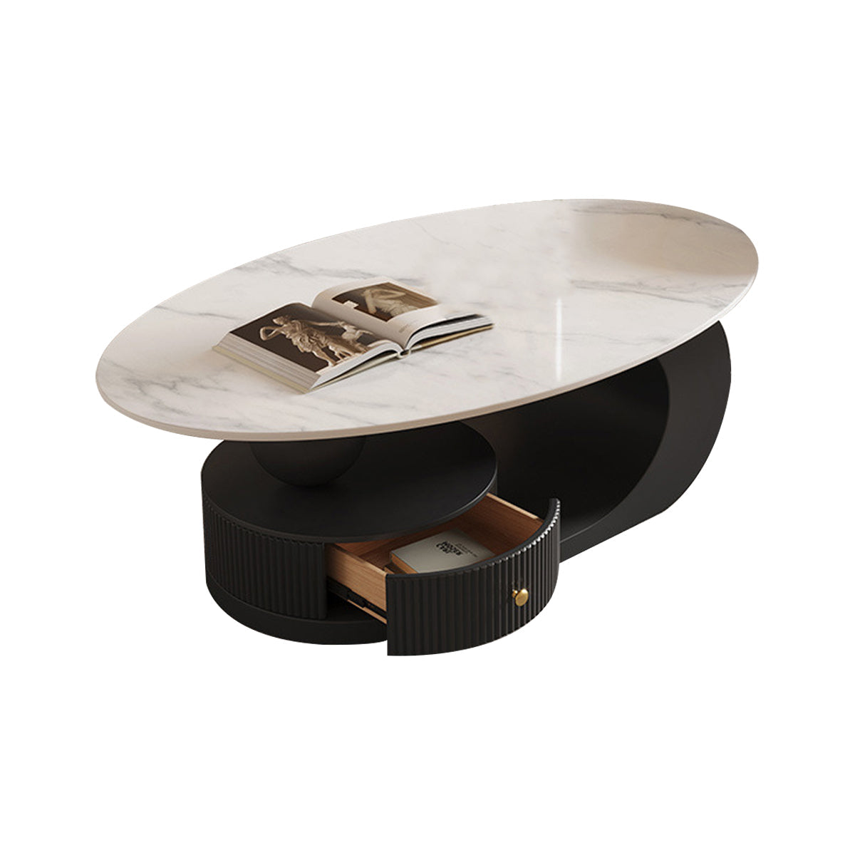 Modern Coffee Table with Oval, Sintered Stone & Ample Storage for Living Room
