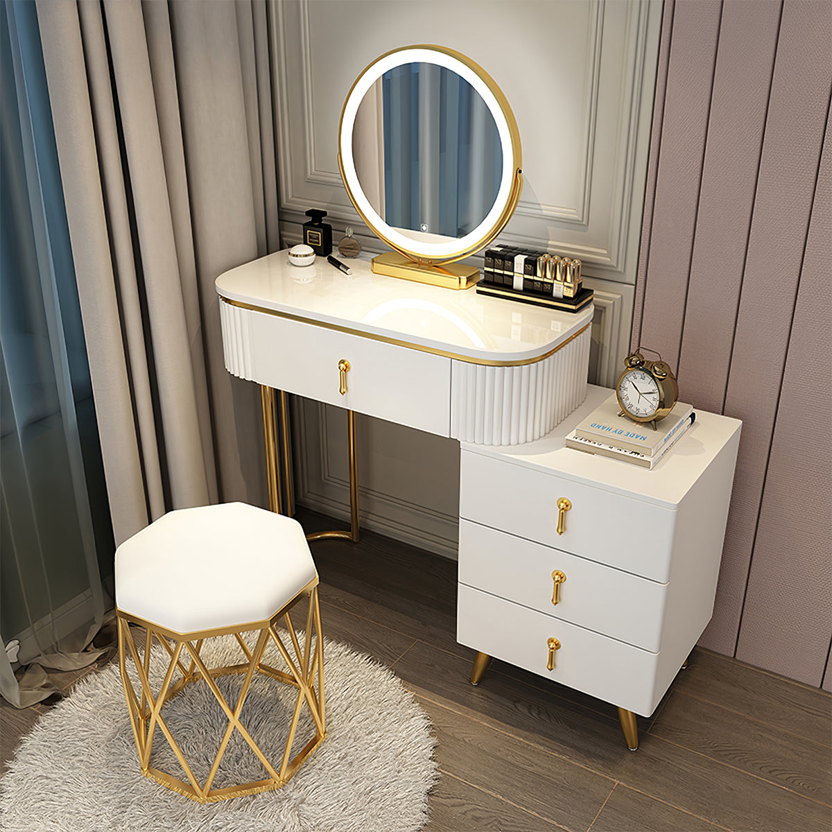 Modern Apartment Vanity Table with Adjustable Side Cabinet Design