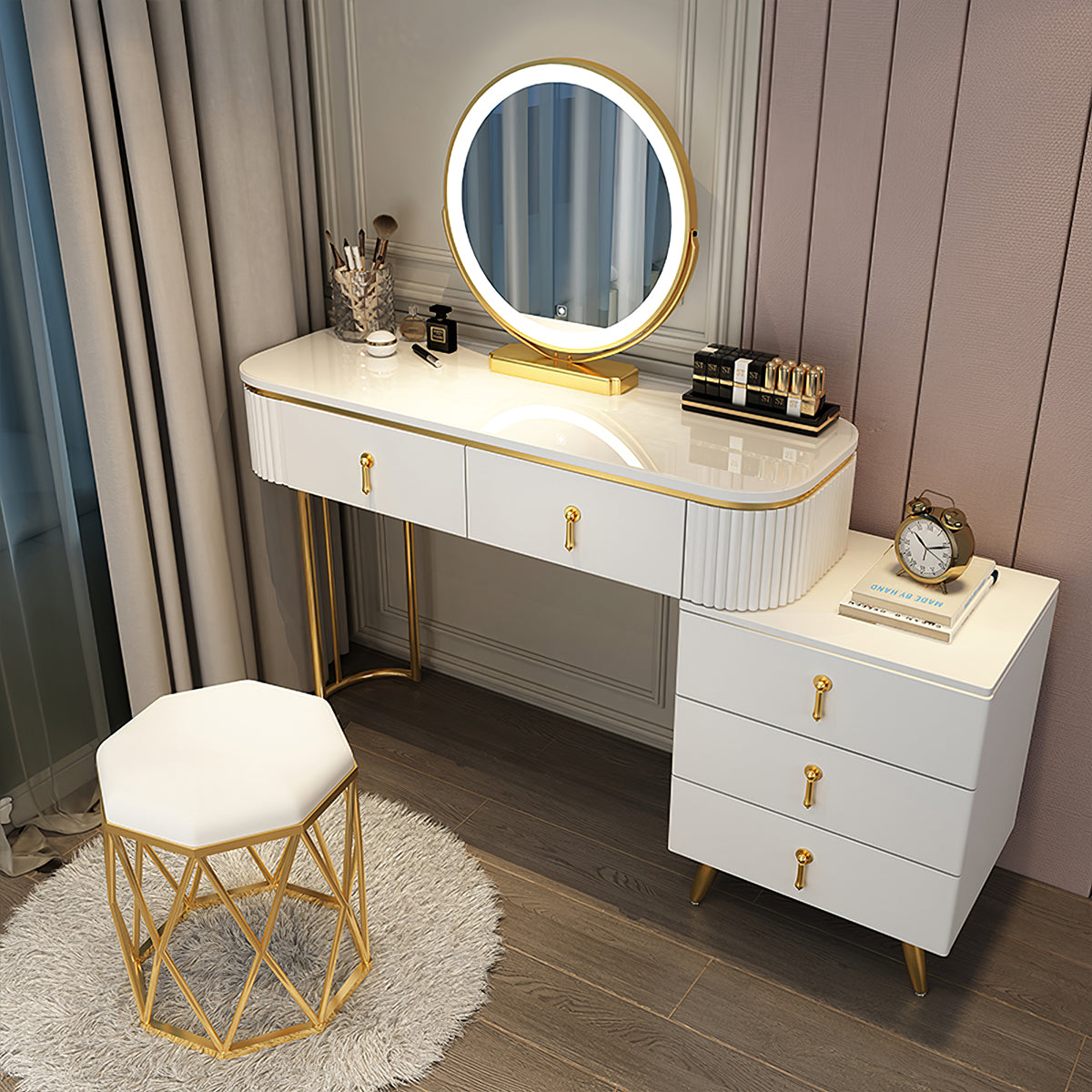 Modern Apartment Vanity Table with Adjustable Side Cabinet Design