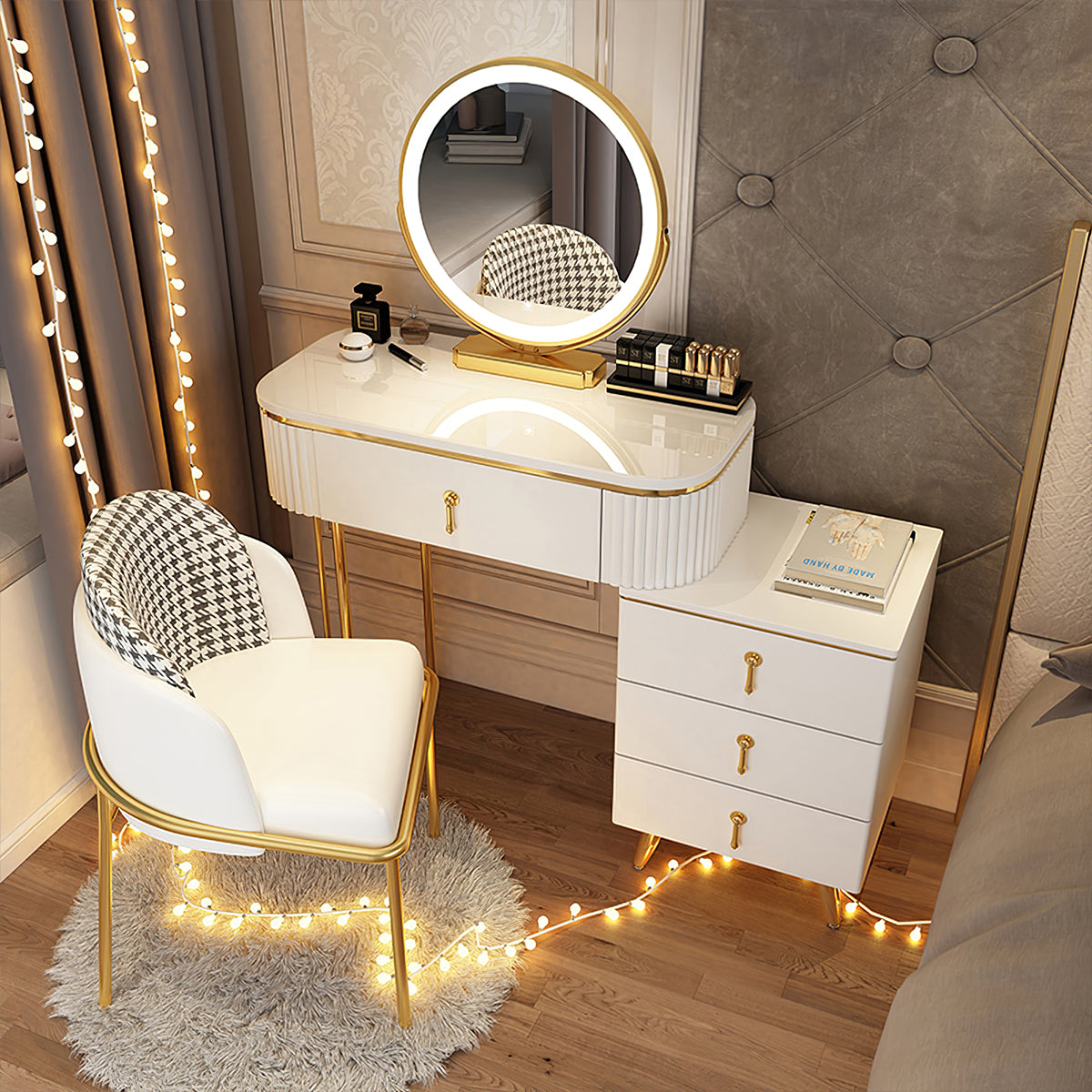 Modern Apartment Vanity Table with Adjustable Side Cabinet Design