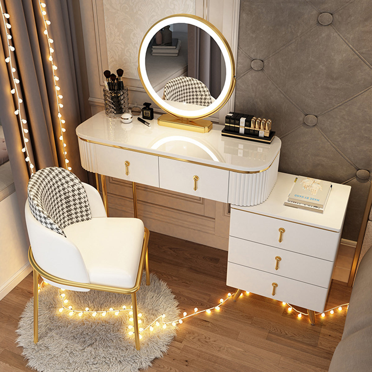 Modern Apartment Vanity Table with Adjustable Side Cabinet Design