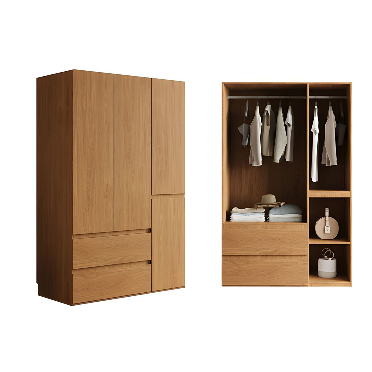 Vintage Wardrobe with Grooved Handle & Hanging Rod for Bedroom