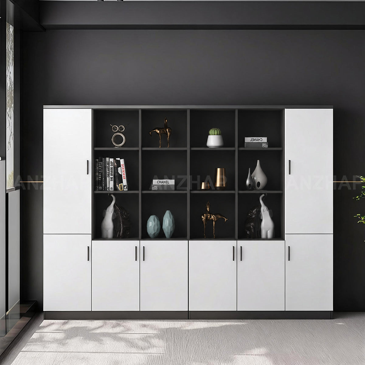 Anzhap office storage cabinet with open compartments, front view