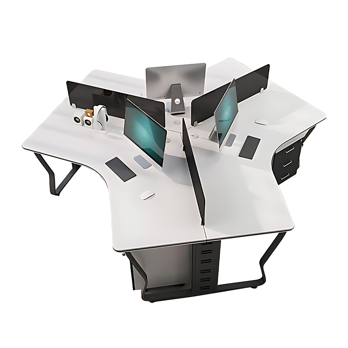Office Workstation, Black + White + Black Legs 3-Seats + Cabinet, Black + White + Black Legs finish, L76" x W87" x H30", for office workspace,...
