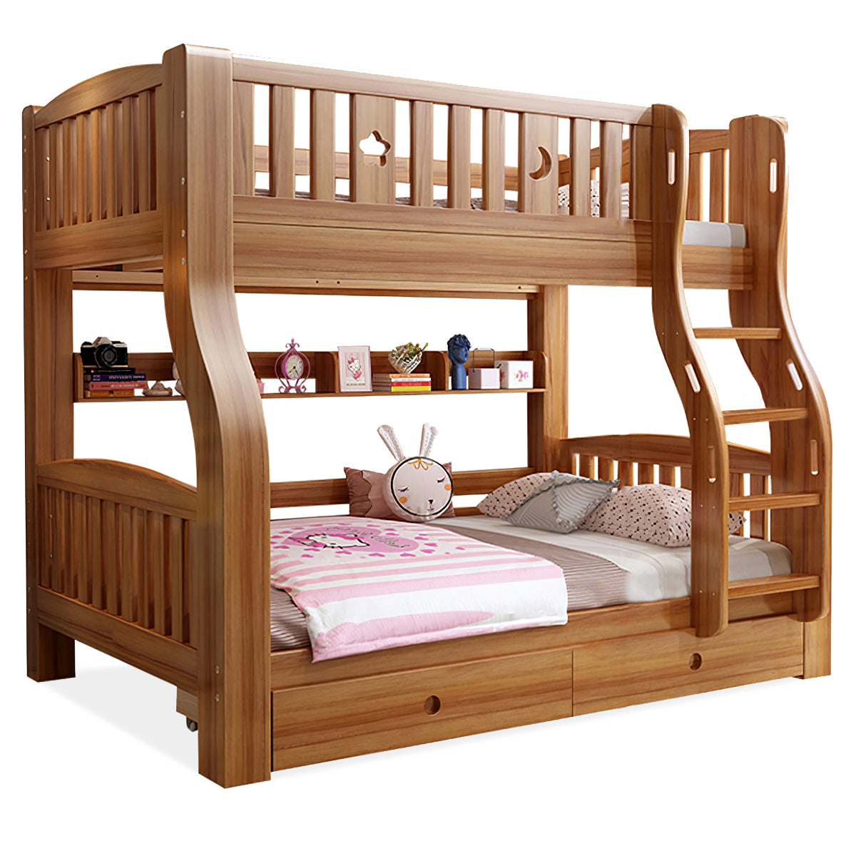 Walnut Kids' Double-Decker Bunk Bed With Storage Drawers