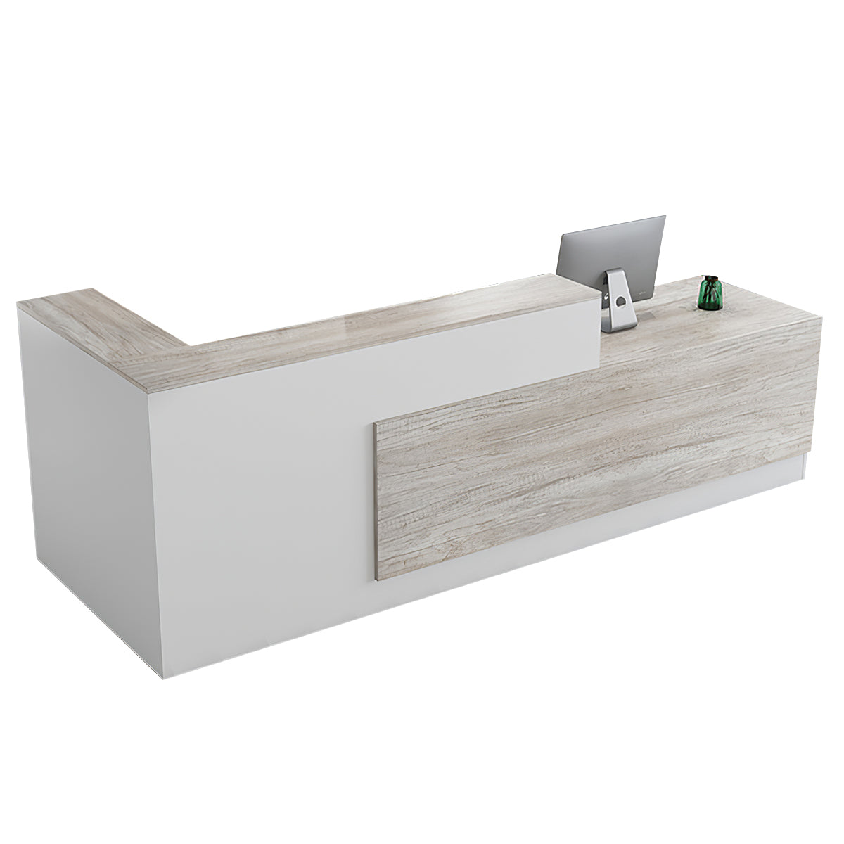Reception Desk, Light Oak + White Higher Right Side, Light Oak + White finish, L63" x W39" x H41", for reception area or front office, commercial...