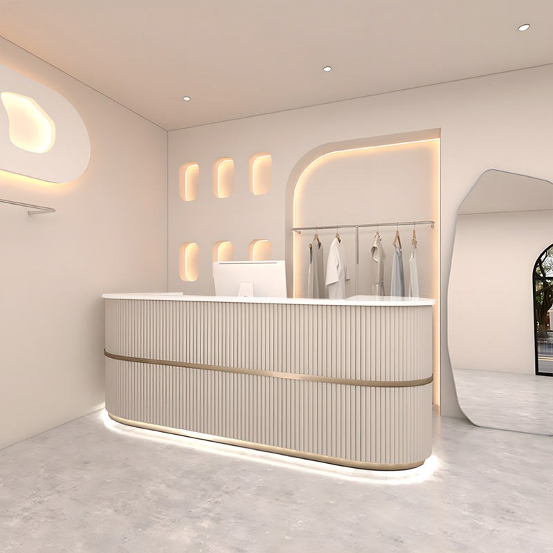 Curved salon reception desk detail close-up