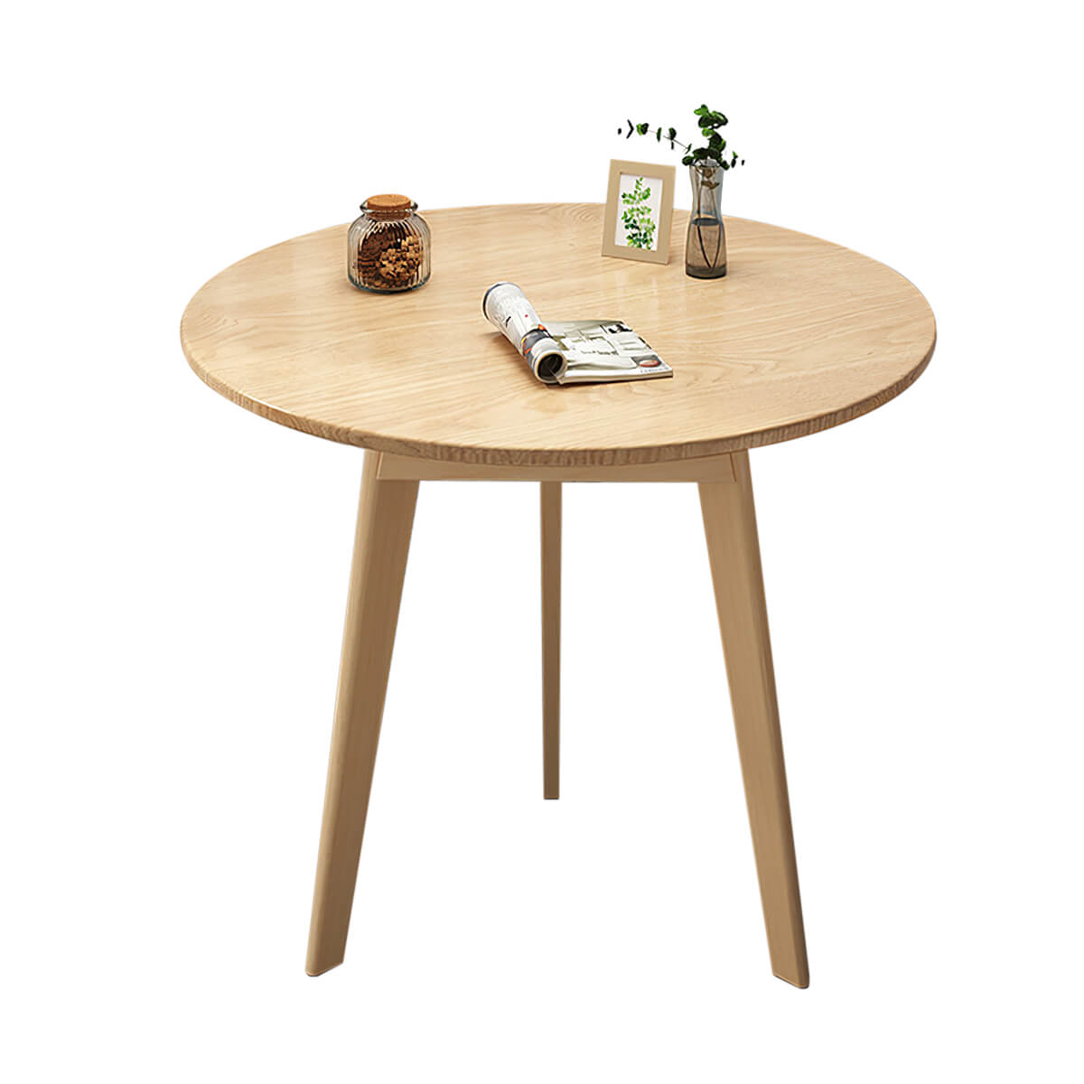 Round coffee table in natural color option with solid wood frame