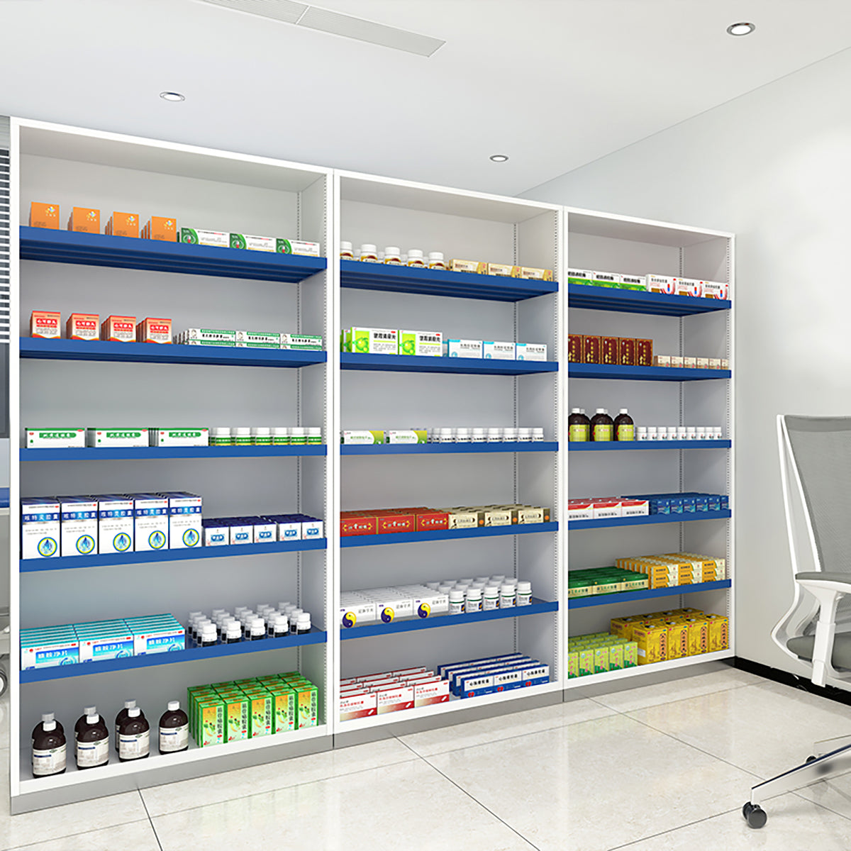 Modern Open-Style Steel Pharmacy Shelf with Doorless Design