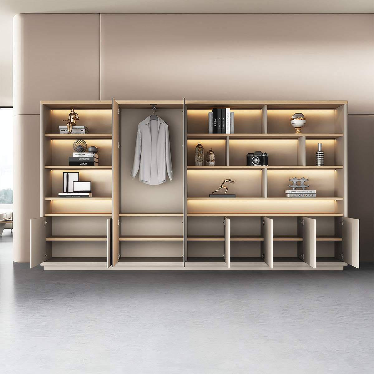 Storage Cabinet, angled product view, Modern Light Luxury Storage Cabinet With Ample Storage & Dedicated Wardrobe finish, for office storage space,...