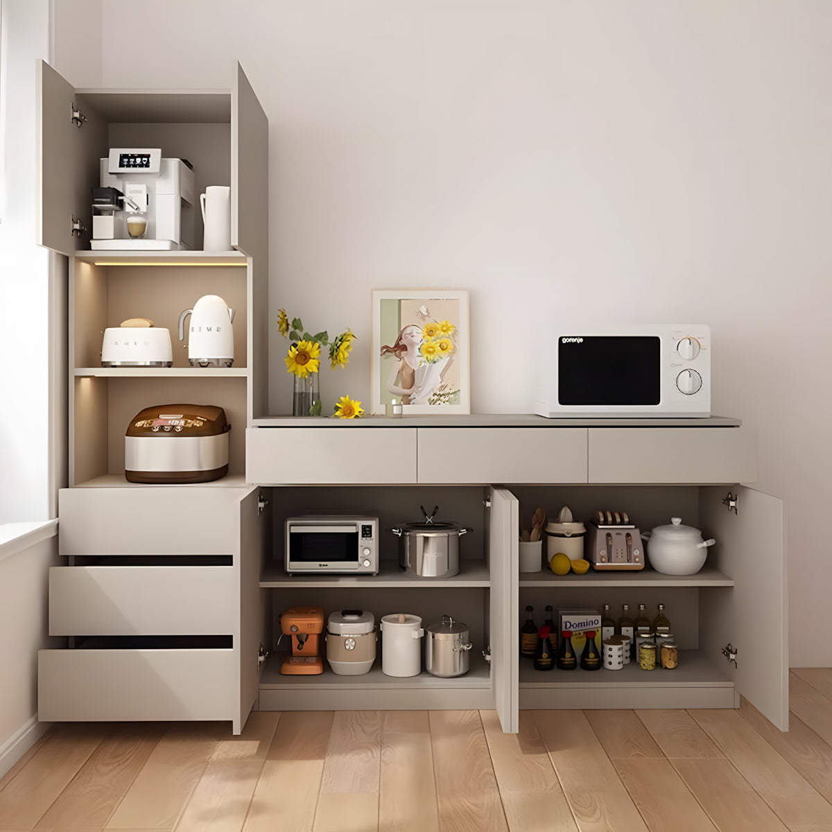 Sideboard Cabinet 39–79 in Tall, Solid Wood & LED Lighting for Home Office