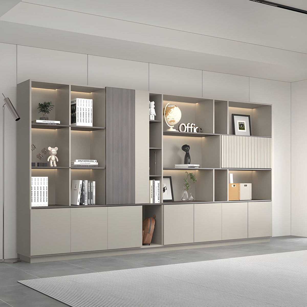 Storage Cabinet, angled product view, Elegant Storage Cabinet With Soft Lighting Strip and Open Storage finish, for office storage space, office...