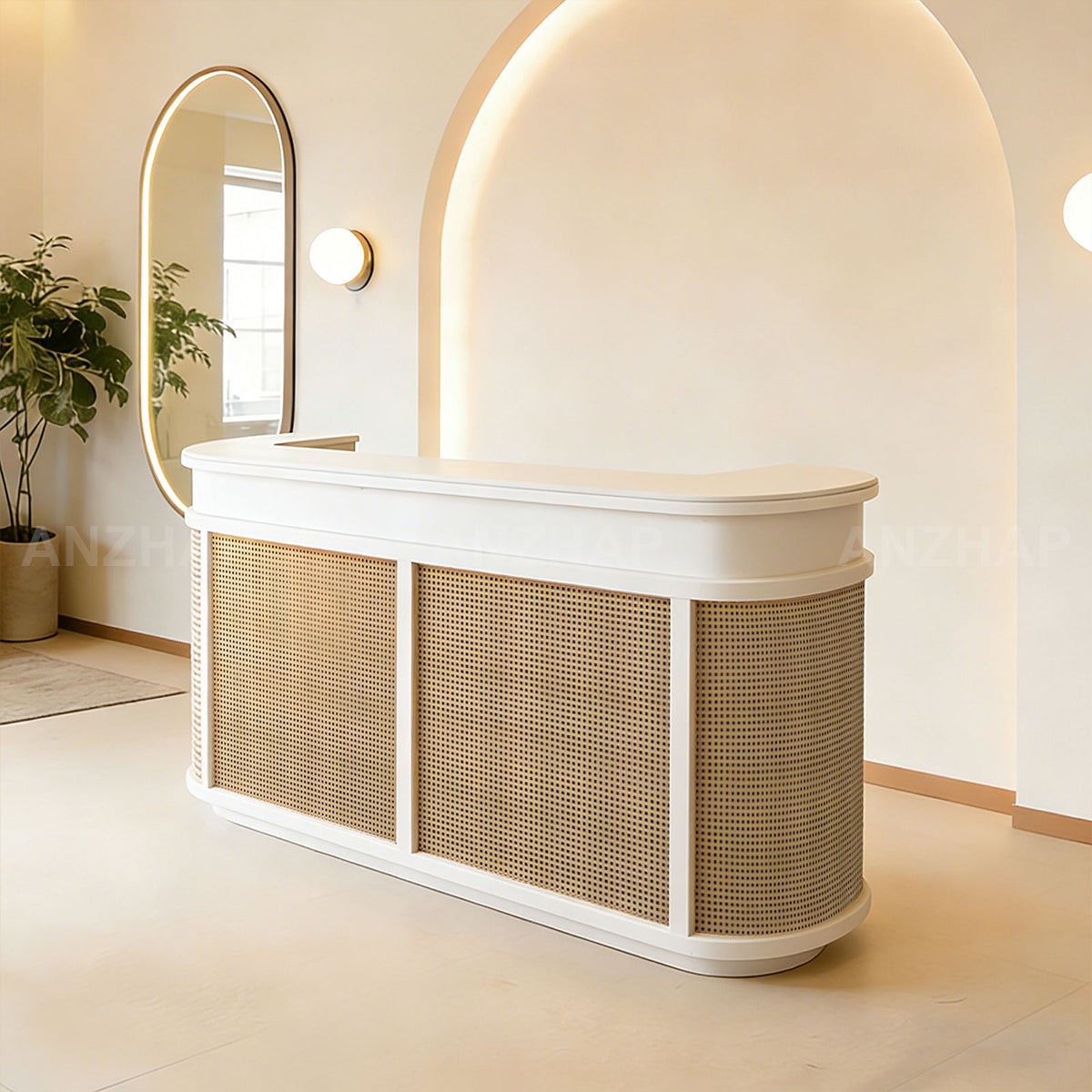 Curved Rattan Reception Desk 47–118 in Wide
