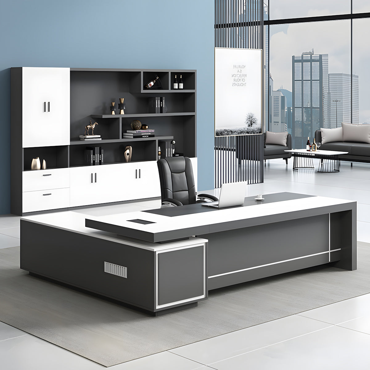 Two-Tone L-Shaped Executive Desk 71–118 in Wide