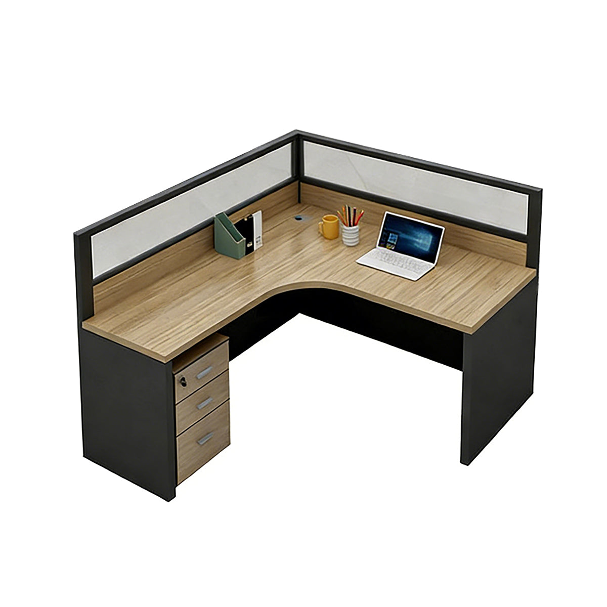 Office Desk, L-Shaped Single Workstation With Cabinet, L55" x W47" x H43", for executive office workspace, modern executive office furniture