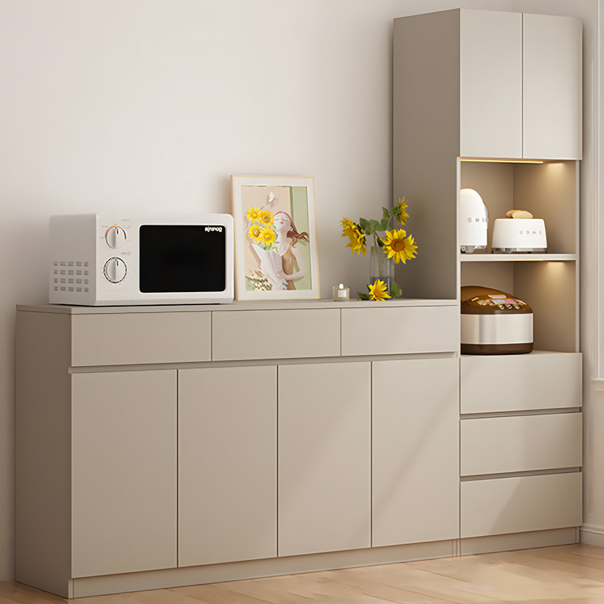 Sideboard Cabinet 39–79 in Tall, Solid Wood & LED Lighting for Home Office