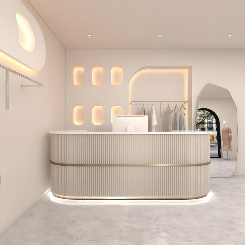 Curved salon reception desk storage detail view